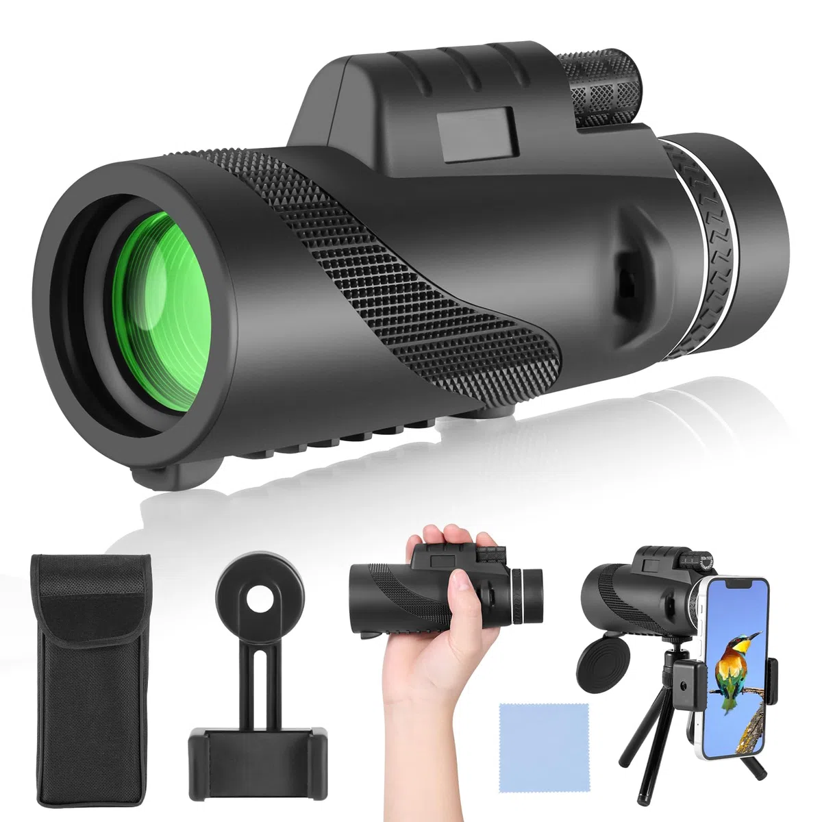 PAHTTO Monokulares Teleskop, Monokular 80x100 mit BAK4-Prisma und FMC-Objektiv, HD Monokular Teleskop Fernrohr mit Smartphone-Adapter und Stativ, für Vogelbeobachtung Jagd Wandern Konzert Sport
