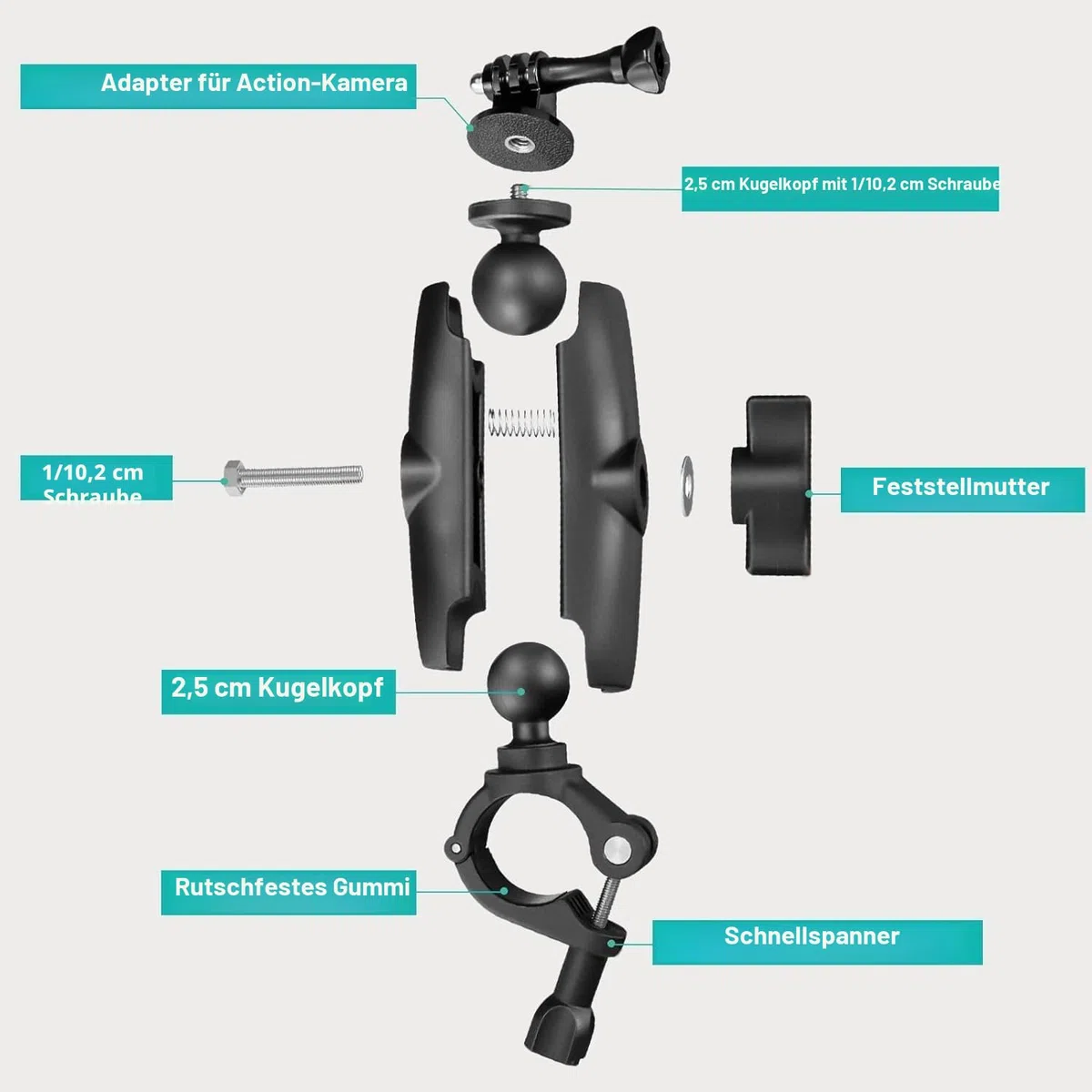 UNSTINCER Action Kamera Halterung für 8–35mm Stange für GoPro Hero 13 12 11 Insta360 X5 X4 X3 DJI Osmo, Motorrad Spiegel Fahrrad Lenker Halter mit 1/4–20 Gewinde und Aktion Cam Adapter