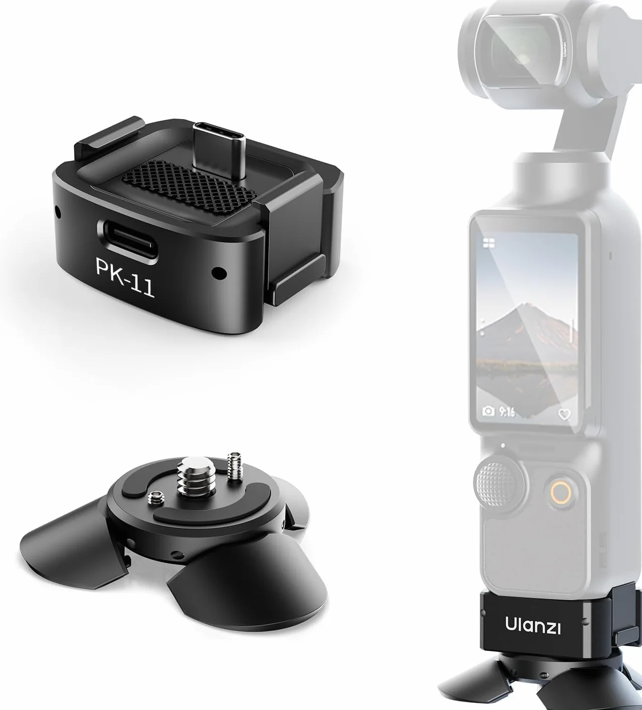 ULANZI Pocket 3 Mini Stativ Kit für DJI Osmo Pocket 3-Zubehör, Type-C-Ladeanschluss mit 1/4-Schraubenloch, für DJI Osmo Pocket 3, Smartphones, Action Kameras, Stativen, Gimbals (PK-08 & PK-11)