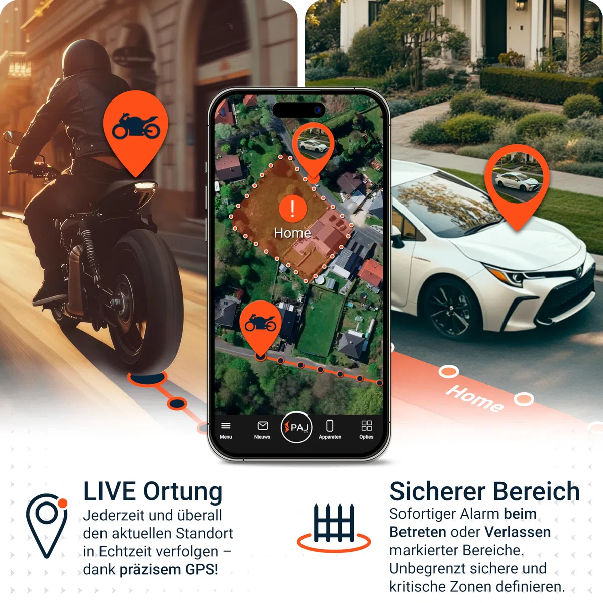4G Motorrad und Fahrzeug GPS Tracker, Vehicle Finder 2.0 von PAJ GPS, Direktanschluss 9-75 V, Live-Ortung per App, 365 Tage Streckenspeicher, Alarmmeldungen direkt auf Ihr Handy