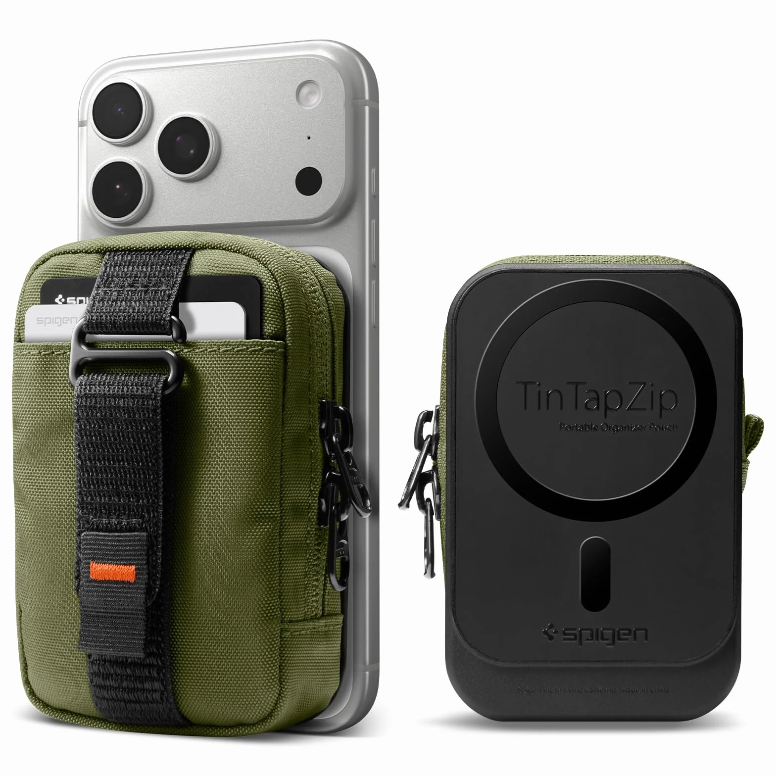 Spigen TinTap Zip MagFit MagSafe Kartenhalter Pouch mit RFID Blocking Kompatibel mit iPhone 17/16/15–12 Serie, AirPods Pro 3–1, AirPods 4–1 und Google Pixel 10 Serie mit Pixelsnap - Olivgrün