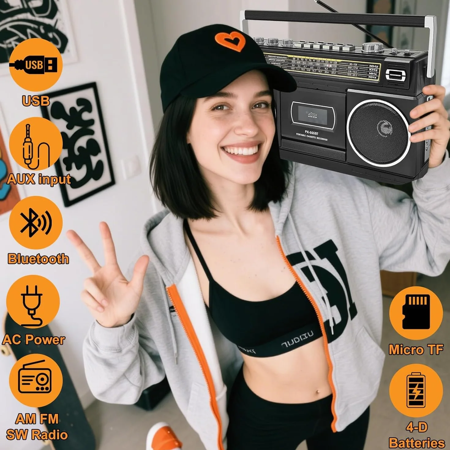 Kassettenspieler mit Bluetooth & Radio (AM/FM/SW) | Digitalisierung von Kassetten auf USB | Stereo Sound,10W, Kassettendeck, USB/TF-Wiedergabe, Netz-/Batteriebetrieb Boombox, Kopfhöreranschluss