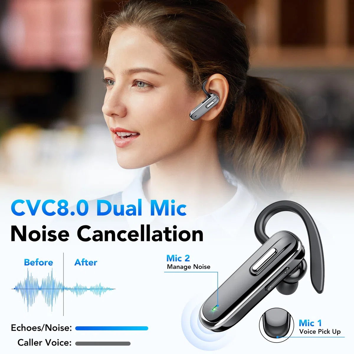 Kabelloses Bluetooth-Headset mit CVC8.0 Dual-Mikrofon V5.3, Freisprecheinrichtung, Bluetooth, 25 Stunden klare Anrufe, mit Schnellladebox über USB-C für iPhone, Android, PC