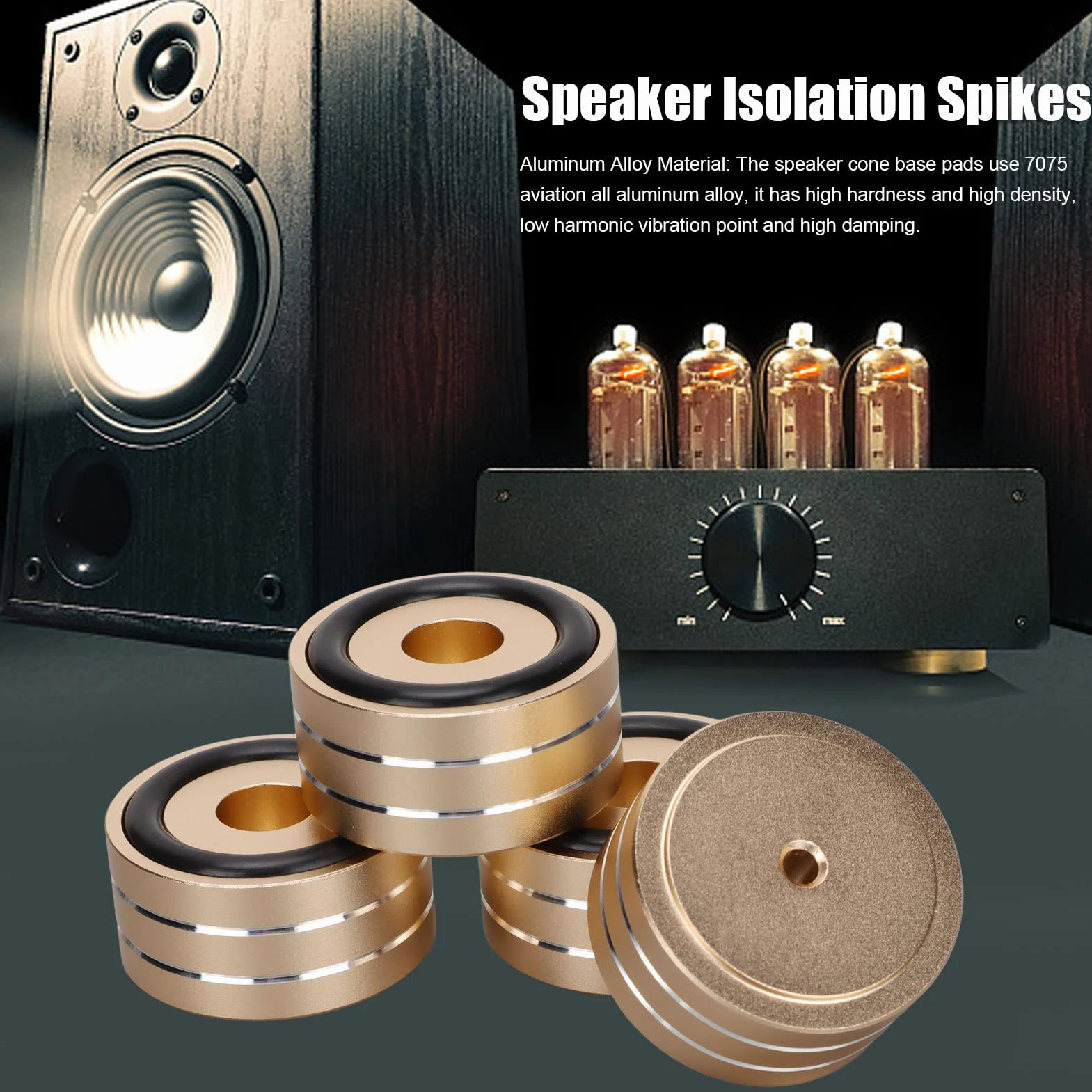 Lautsprecher-Isolations-Spike-Standfuß, 4 Stück 40 X 20 Mm Aluminium-Lautsprecher-Isolationsfüße, rutschfeste Gummi-HiFi-Plattenspieler-Isolationsfüße, für DAC-Verstärker-Recorder-Meter(Gold)