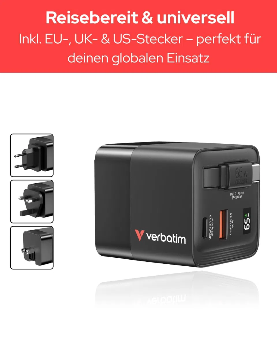 Verbatim GaN Charger 65 W 2-Port USB-C Ladegerät mit ausziehbarem USB-C Kabel, USB-C und USB-A Power Adapter, Schnellladegerät für Apple iPad, iPhone, Samsung & Co, Travel Adapter für EU, UK, USA