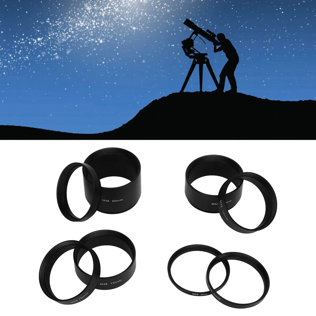 Teleskop-Verlängerungsrohr-Set,8 Stück M48 X 0,75 Brennweiten-Verlängerungsrohr-Set 3 5 7 10 12 15 20 30 Mm Verlängerungsring Erweiterungsring für die astronomische Teleskopfotografie