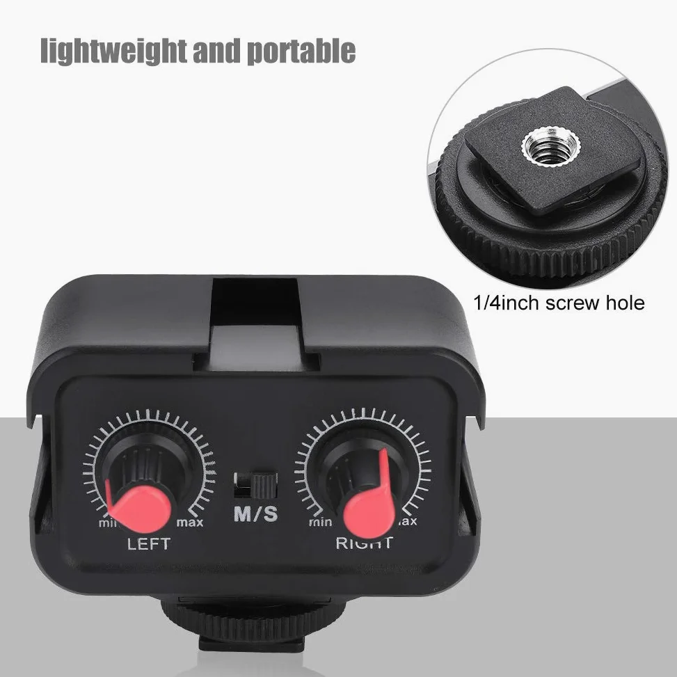 2-Kanal-Kamera-Mikrofon-Audiomixer für DSLR-Kameras, universeller tragbarer Mikrofon-Audioadapter-Mixer mit 3,5-mm-Eingängen, DREI Montageschuhen, Zwei Trimmregler, Zwei Stereo/Mono-Adapter