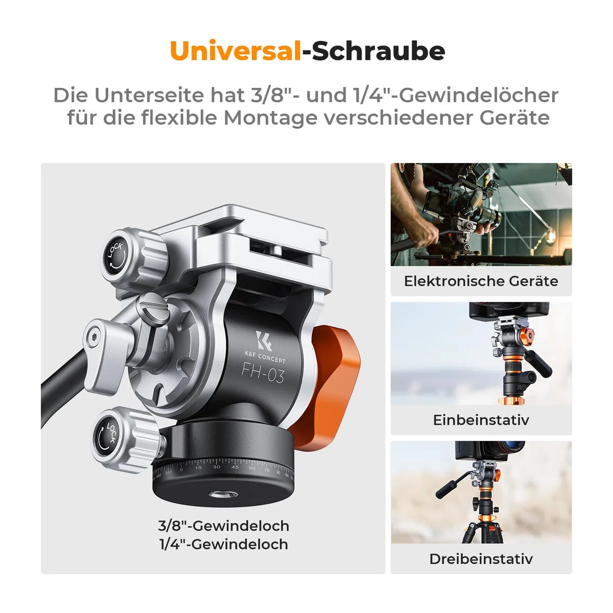 Stativkopf, K&F CONCEPT FH-03 Fluidkopf,Stativkopf für Stativ,Videokopf mit Arca-Swiss Schnellwechselplatte, Dämpfungskopf kompatibel mit DSLRs, spiegellose Kameras, Filmkameras, Belastung bis zu 5kg