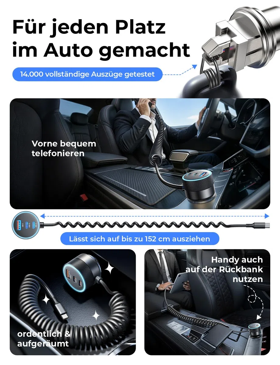 LISEN 90W USB C Auto Ladegerät Zigarettenanzünder, mit PD 45W USB C Spiralkabel, Hält den Auto Deko Innenraum ordentlich, Ideal zum Schnellladen 4 Geräten, für iPhone 17 Pro Max, MacBook Neo, Android
