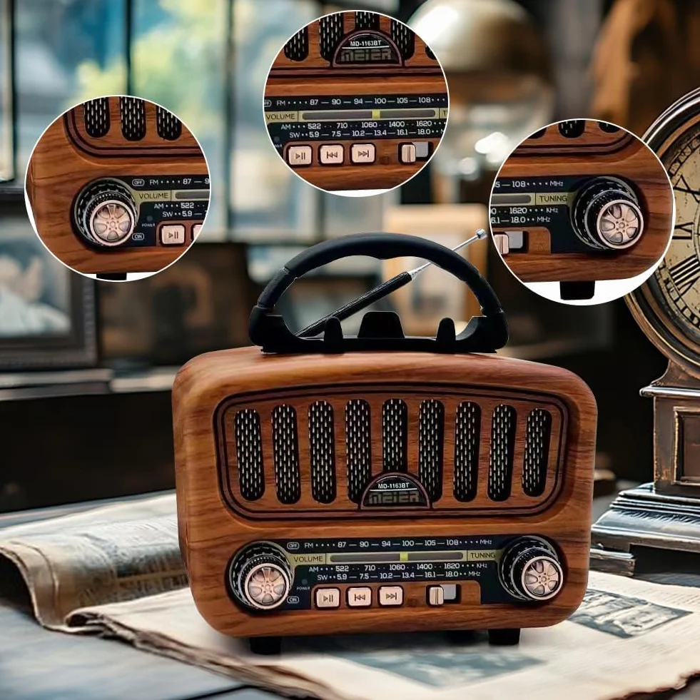 AM/FM/SW Retro Radio mit Bluetooth 5.0, Nostalgie Radios Klein mit 1800mAh Akku, Küchenradio & Kofferradio mit 5-W-Lautsprecher, Unterstützt USB/TF/AUX, Vintage Radio für Zuhause, Büro, Outdoor