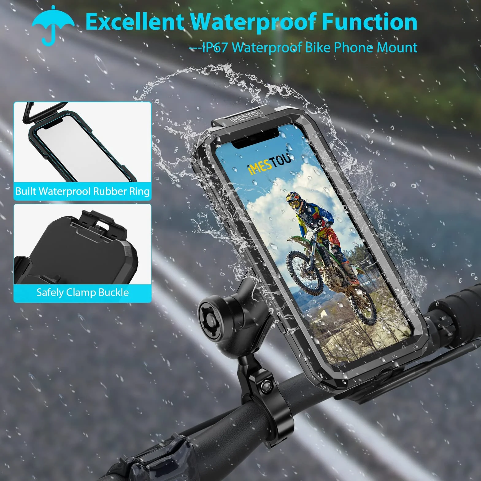 iMESTOU wasserdichte IP67 Motorrad Telefonhalterung, Fahrradhalterung mit 2,5 cm (1 Zoll) Doppelkugelsockel-Armen (S– für 3,5-6,1 Zoll Handys)