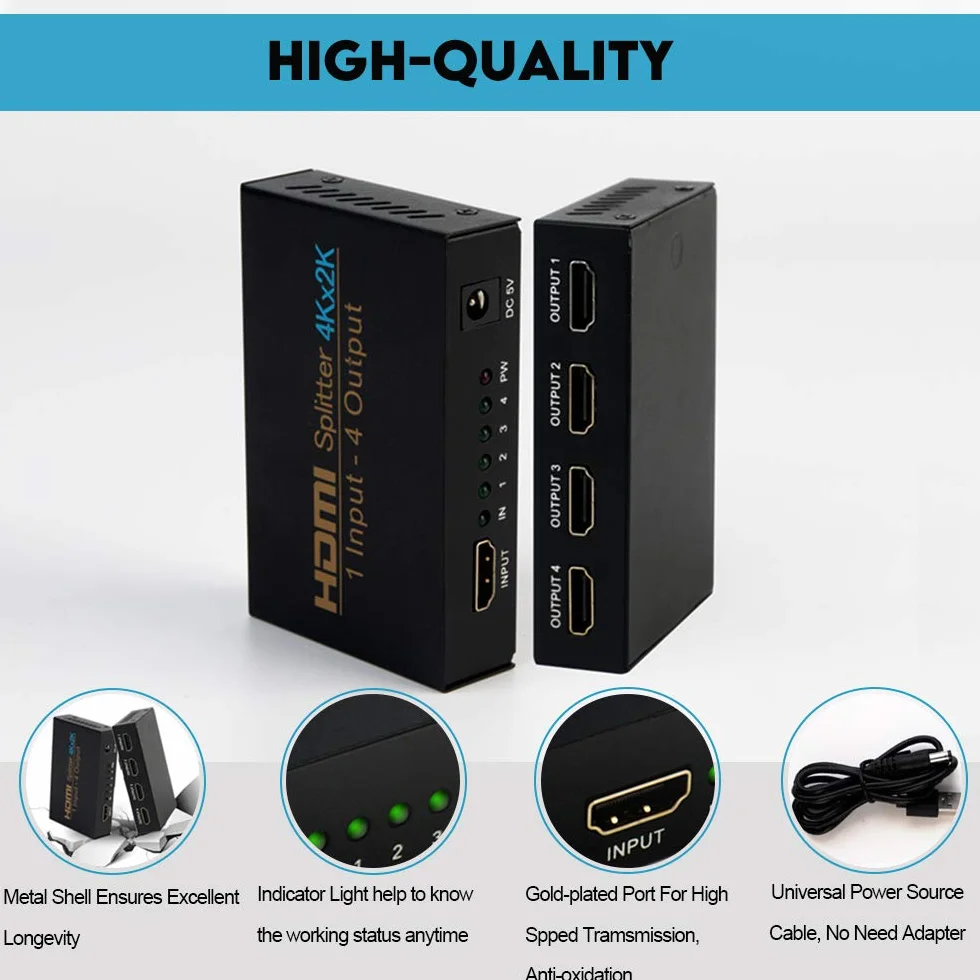 HDMI Splitter 1 in 4 Out HDMI Verteiler Audio Splitter 4K HDMI Duplicator HDCP/UHD/1080P@30Hz 3D 4K@30Hz für/Kompatibal mit Xbox/PS4/PS3/Google Chromecast/AppleTV/Blu-Ray/HDTV/Sky Box Fire Stick/DVD