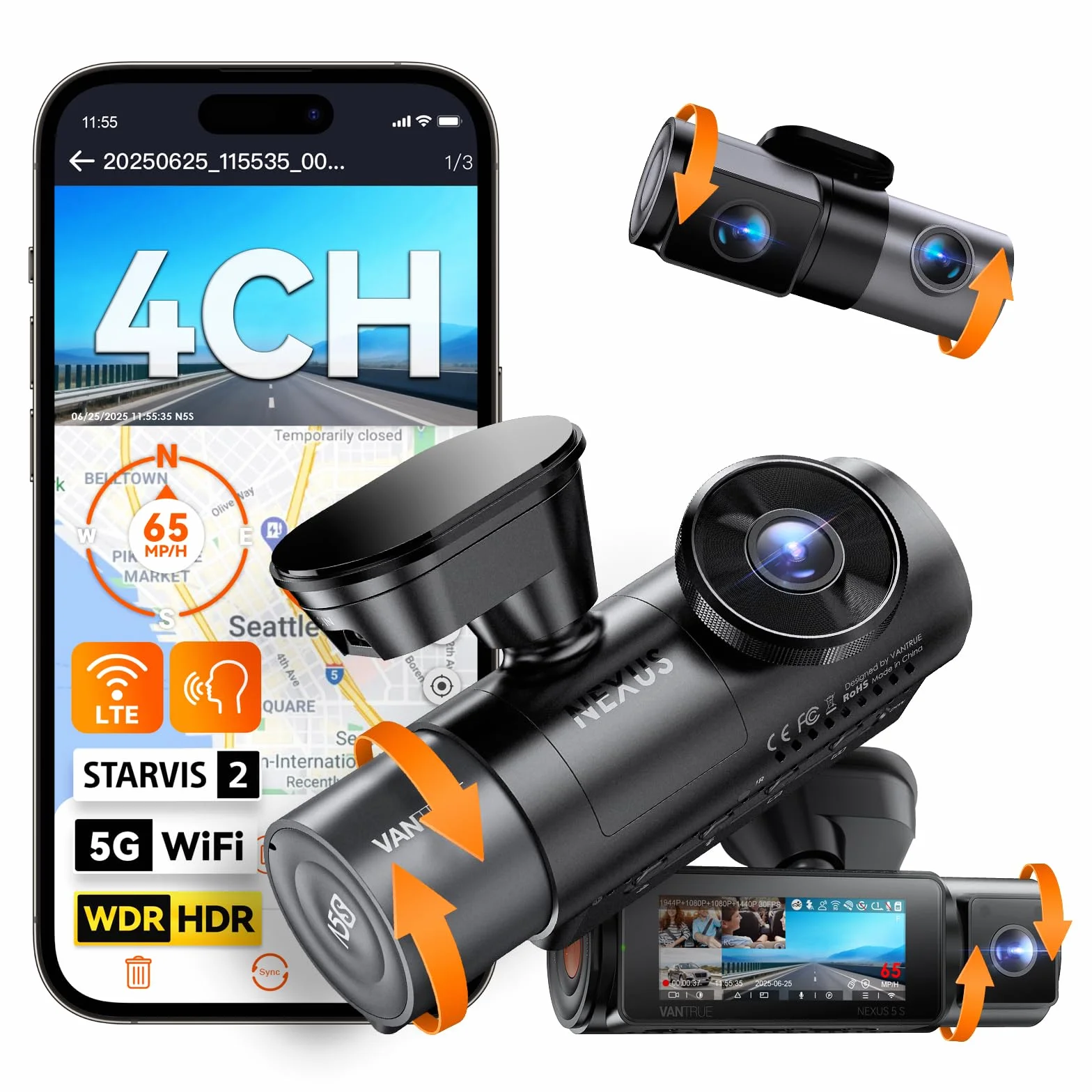 VANTRUE N5S 4 Kanal STARVIS 2 Dashcam 2.7K+ 1080P+ 1080P+ 1440P HDR+ WDR 5G WLAN Sprachsteuerung GPS 24Std. Parkmodus