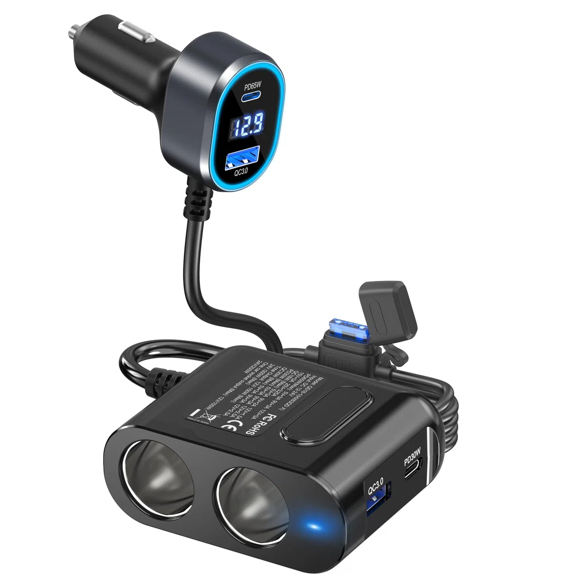 PD65W KFZ Verteiler auf Laptop: 200W Auto Zigarettenanzünder Adapter 12V Dual USB C Ladegerät 2 Mehrfach Steckdose 12 Volt DC Stecker Splitter mit LED Voltmeter für iPhone Sitzheizung GPS Kamera Navi