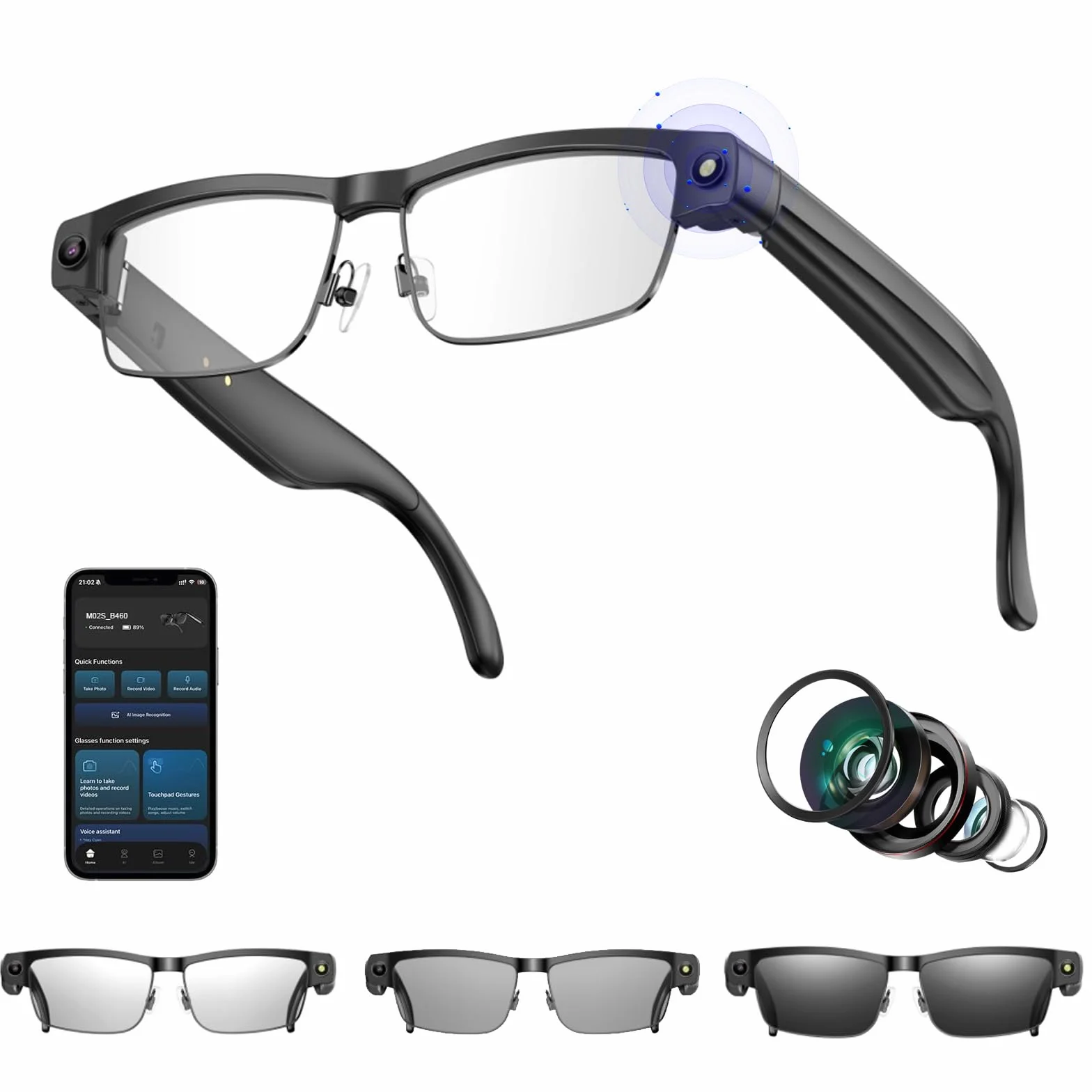 AI Smart Camera Brille, AI Glasses with 8MP Anti-Shake Photochromic Lenses HD 4K Video, Foto, BT-Anrufe, Simultanübersetzung, AI Objektidentifizierung, für Outdoor Radtouren Wandern Reisen