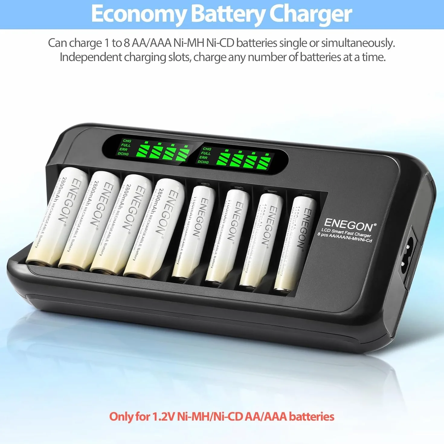 ENEGON Akkuladegerät, Schnell Akku Ladegerät mit AC-Adapter und intelligentem LCD-Display, Unabhängiges 8-Ladeplatz Batterieladegerät für NI-MH NI-CD Wiederaufladbare AA AAA Batterien
