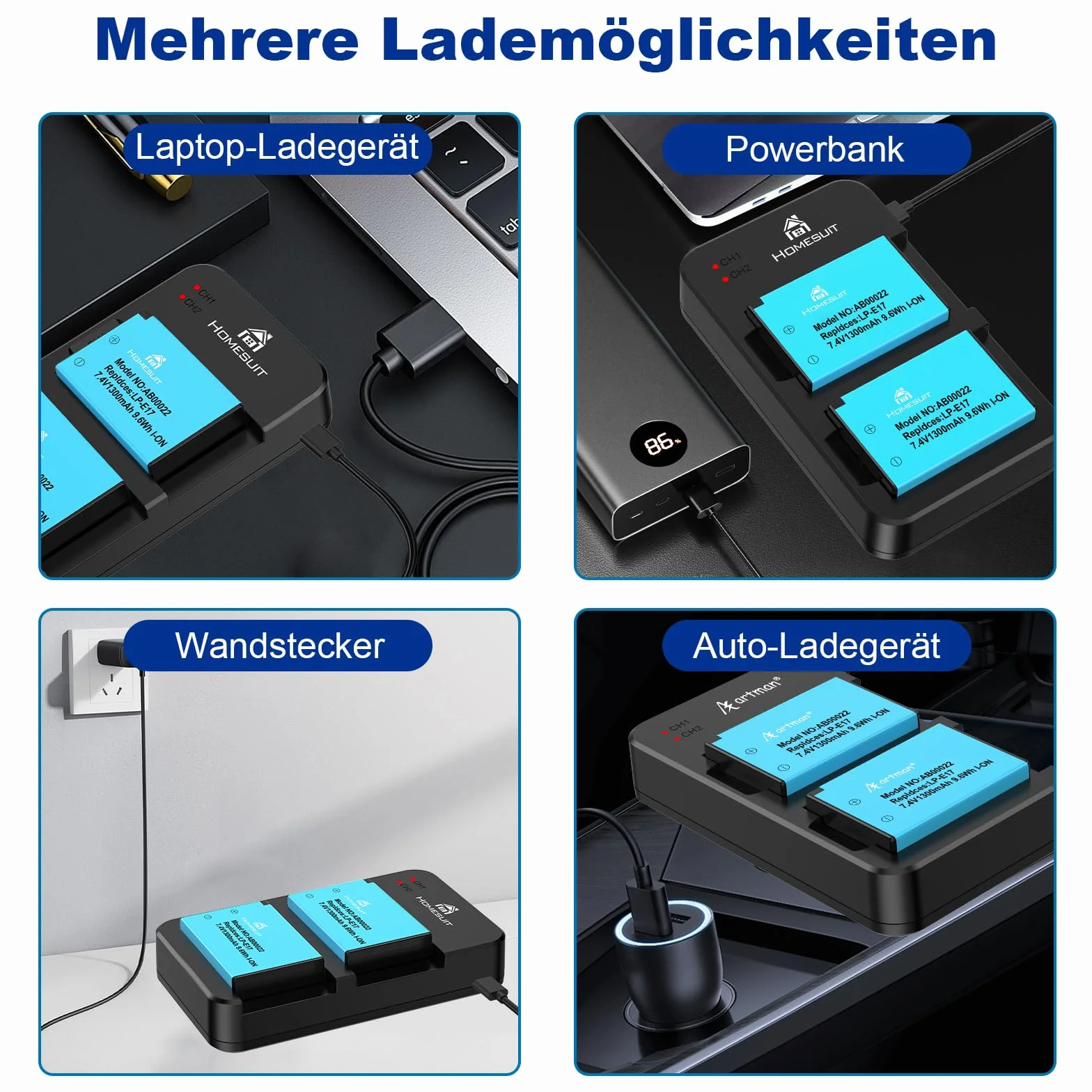 Homesuit 2er-Pack LP-E17 Akku 1300mAh & Typ-C LED Dual Ladegerät Kit für Canon EOS RP, R8, R10, R50, R100, M3, M5, M6, 200D, 77D, 750D, 760D, 800D, 8000D, Rebel SL3, SL2, T8i, T7i, T6i, T6s und mehr
