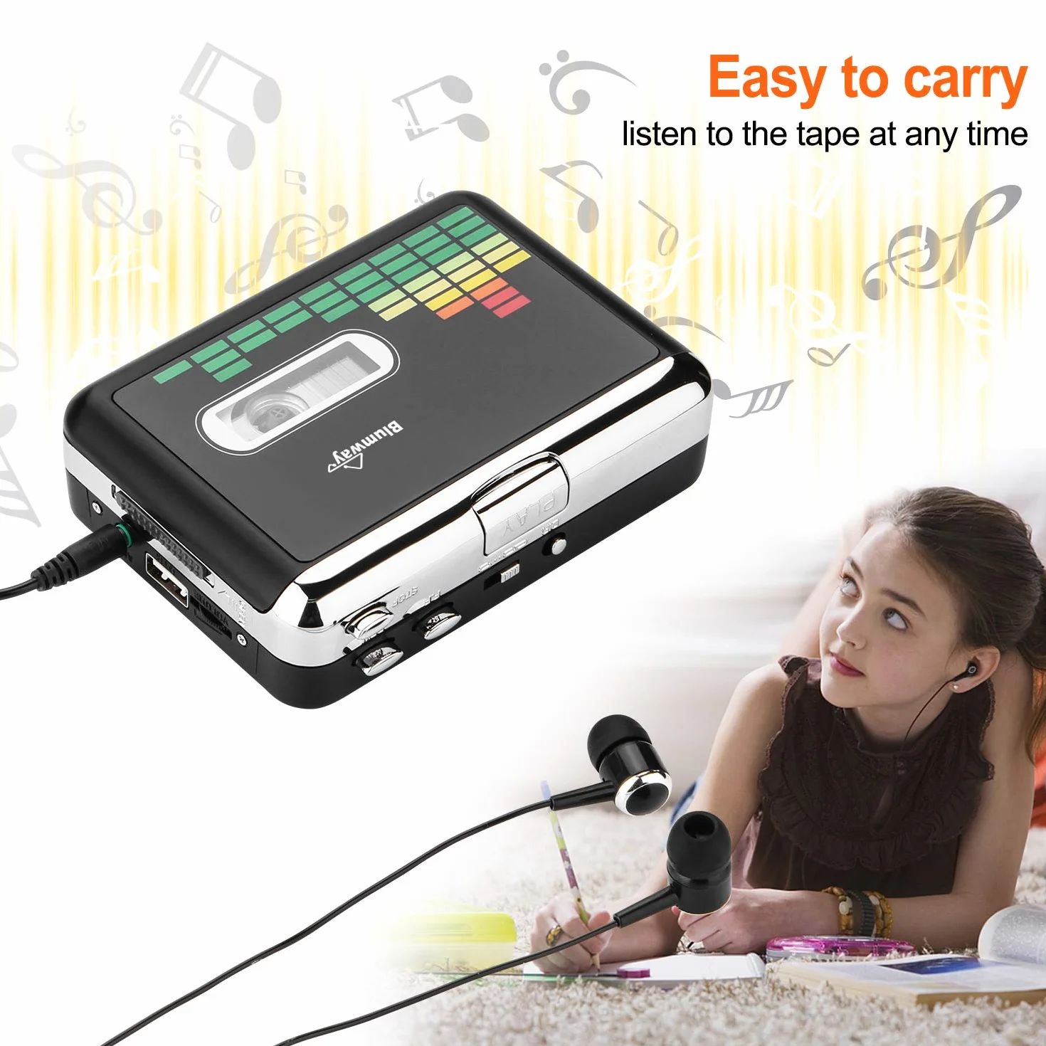 BlumWay USB Kassette zu MP3 Konverter, tragbarer Kassettenspieler Digital Kassettenkonverter Audio Musik Player Kassettekonverter mit Kopfhörern und Tragetasche (PC000249)