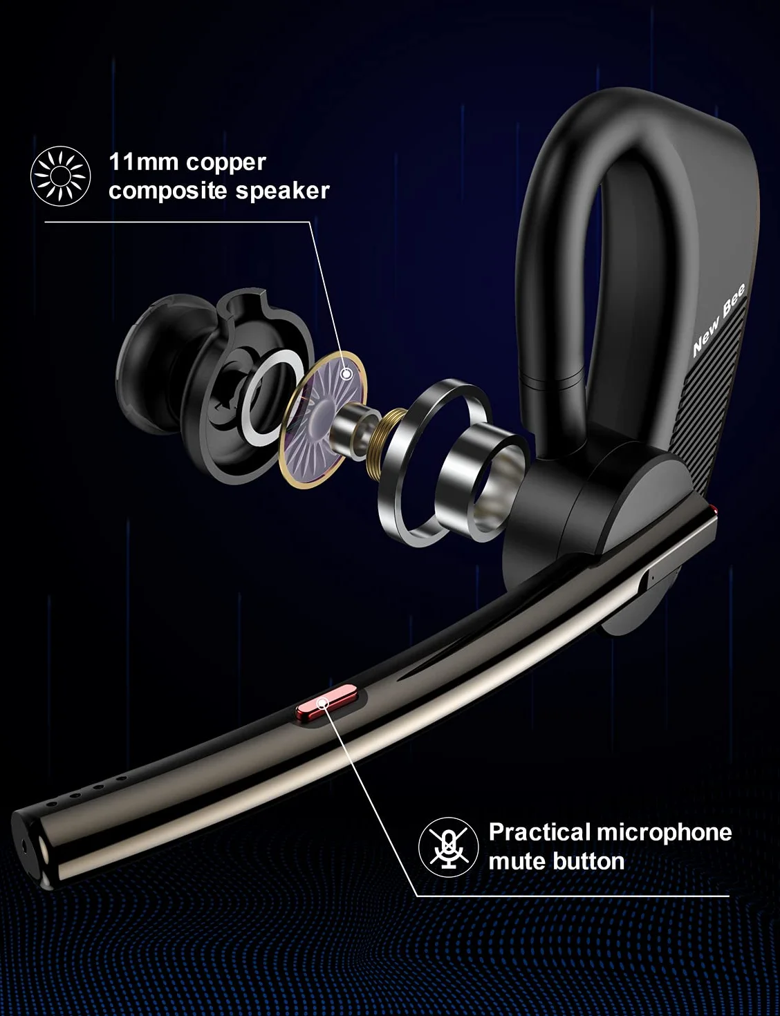 New bee Bluetooth Headset mit Mikrofon Bluetooth V5.2 Wireless Headset 24Hrs Sprechzeit CVC8.0 Dual Mic Noise Cancelling für iPhone/Android/Fahrer/Business/Büro