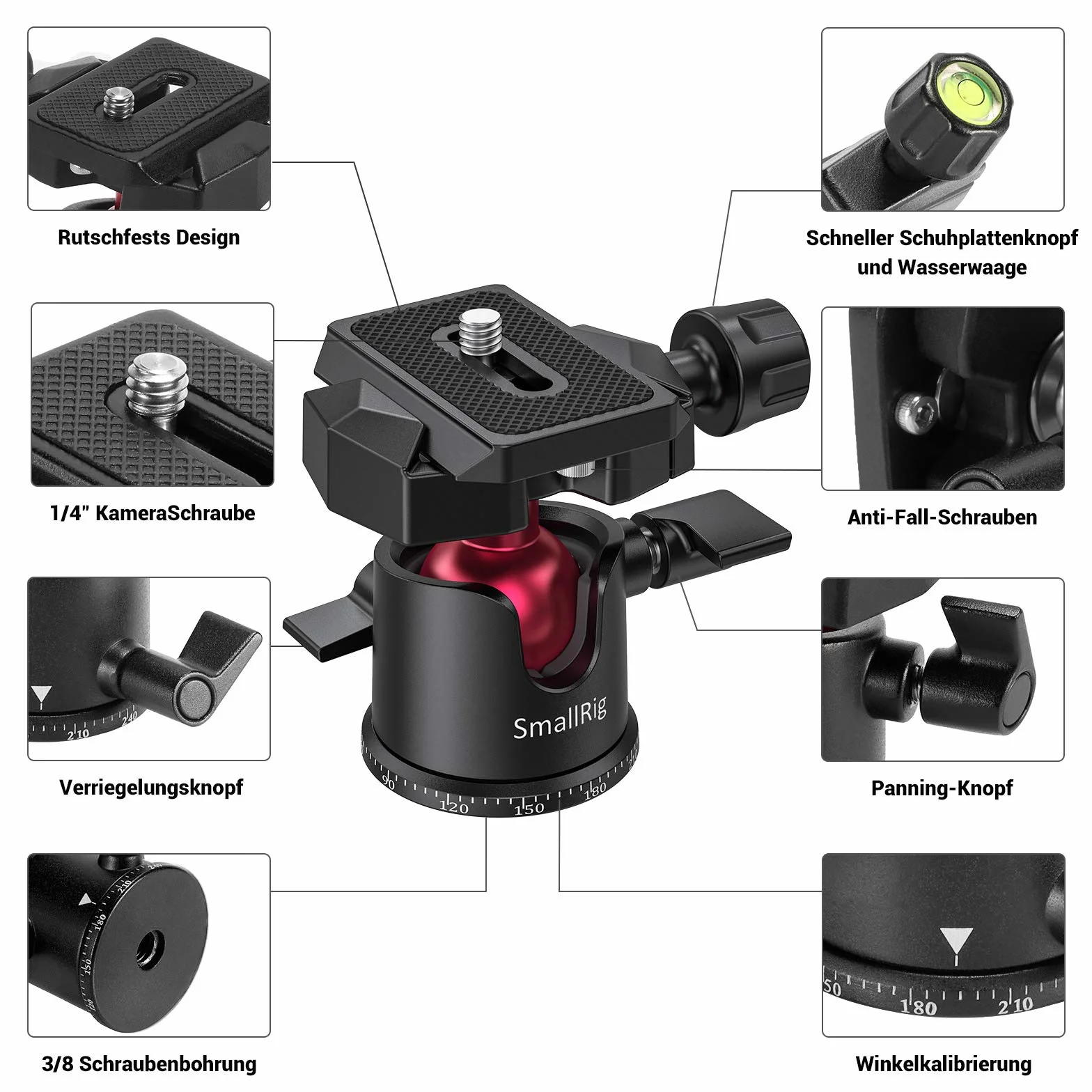 SMALLRIG Mini-Kugelkopf 360° Panorama mit 1/4" Schraube 3/8" Gewindehalterung und Schnellwechselplatte Metall-Kugelgelenk für Einbeinstativ, DSLR, Telefon, Gopro, max Belastung 4.4lbs/2kg - 2665