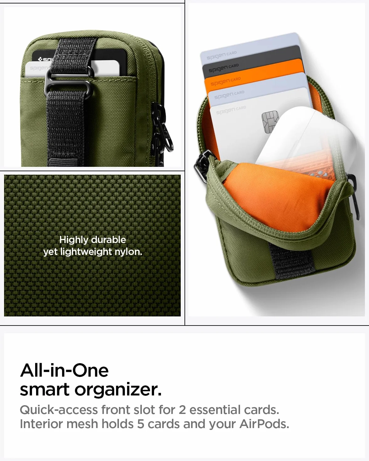 Spigen TinTap Zip MagFit MagSafe Kartenhalter Pouch mit RFID Blocking Kompatibel mit iPhone 17/16/15–12 Serie, AirPods Pro 3–1, AirPods 4–1 und Google Pixel 10 Serie mit Pixelsnap - Olivgrün