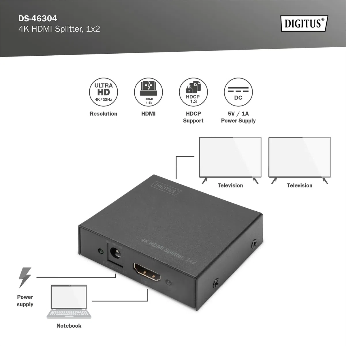 DIGITUS HDMI Splitter 1x2 – In 1-Port, Out 2-Port – UHD 4K 30Hz | HDCP 1.3 – DTS Digital, Dolby Digital, DTS-HD, Dolby True HD, DSD Audio, HD/HBR