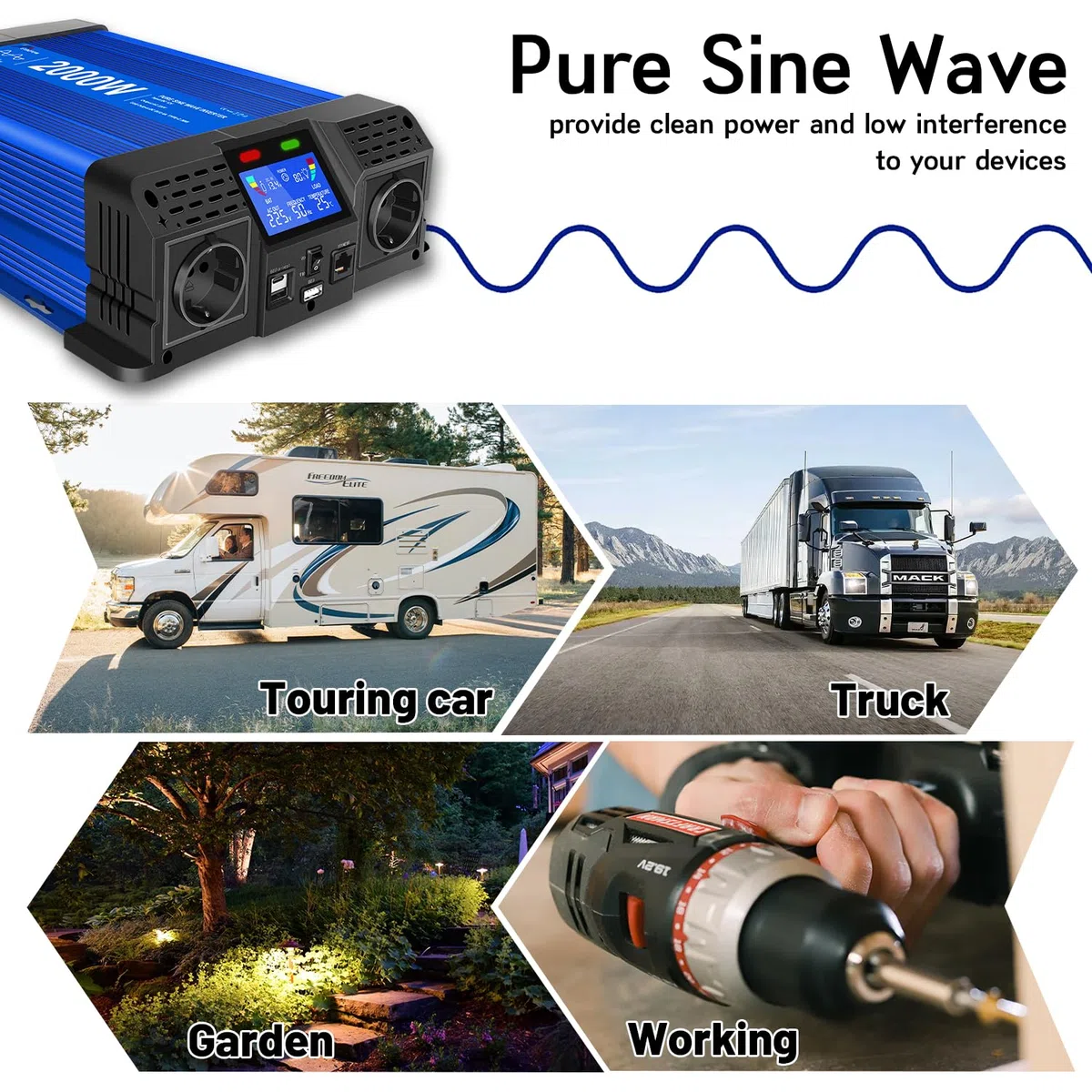 2000W/4000W 12V Auf 230V Reiner Sinus Wechselrichter mit Fernbedienung, 2 EU Steckdosen, 2 USB+Tycp-C Anschlüssen, geeignet für Haushaltsgeräte, Wohnmobile, Camping Spannungswandler