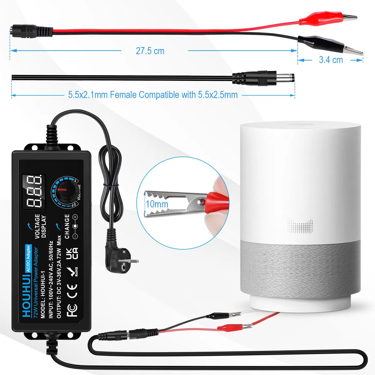 3V-36V Einstellbares Netzteil Universal Netzteiladapter 2A 72W Verstellbarer Netzadapter 100V-240V AC to DC mit LED Spannungsanzeige und 5,5x2,5mm 16Tipps für Haushaltselektronik, DC Motor 2A Max