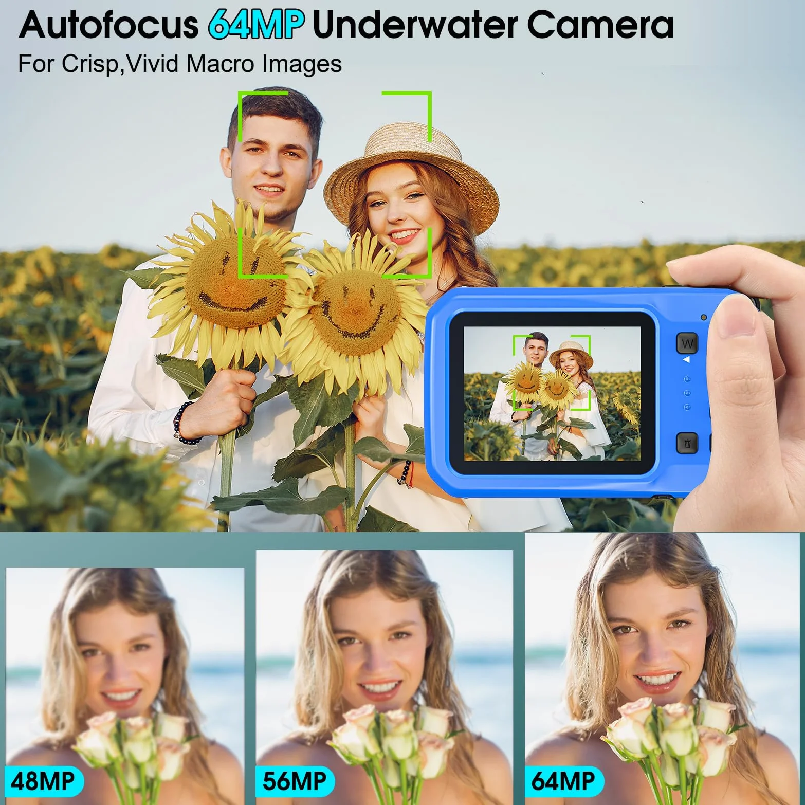 Unterwasserkamera 4K UHD, 64MP Autofocus Digitalkamera wasserdichte mit 32GB Karte, IP68 & 16FT Unterwasserkamera mit IPS HD Bildschirme, 16X schwimmfähig Digitalzoom, Aufhelllicht, zum Schnorcheln