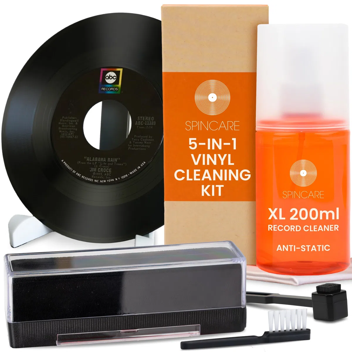 5-in-1 Vinyl Schallplatten LP Reinigungsset von SPINCARE | Mit Antistatischer Schallplattenbürste/Karbonfaser-Nadelbürste/Schallplatten Reinigung Lösung/Ständer zum Trocknen
