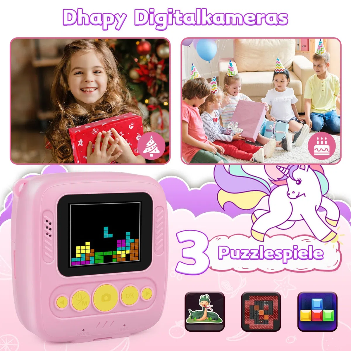 Dhapy sofortbildkamera Kinder, 48MP Kinderkamera Sofortbildkamera mit Druckpapier & 32 G TF Karte, 1080P Digitalkamera Kinder, Geschenke für Jungen und Mädchen 3 4 5 6 7 8 9Jahre Rosa