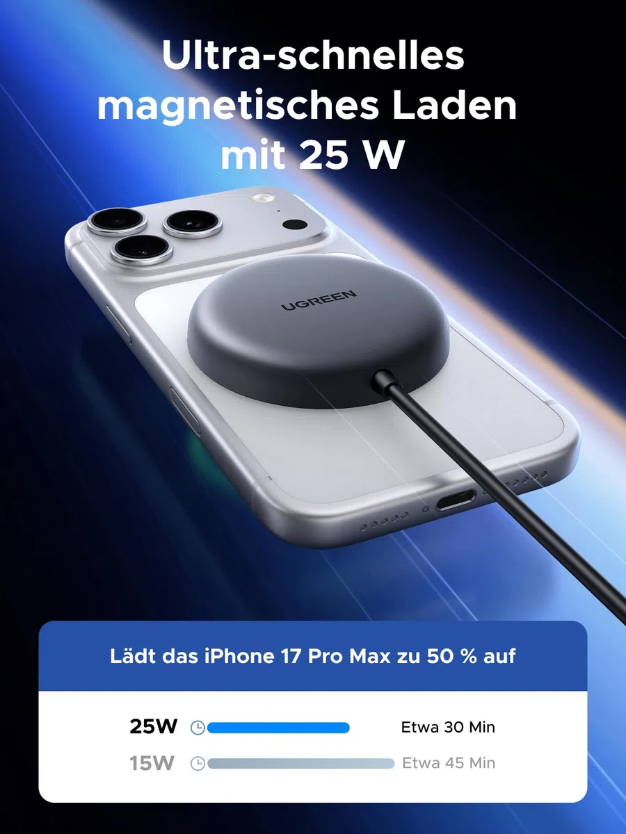 UGREEN Zapix Magnetisches Kabelloses Ladepad 25W, Qi2 zertifizierte iPhone Wireless Charger kompatibel mit MagSafe für iPhone 17/16 Serie, mit 1.5m Kabel - Schwarz