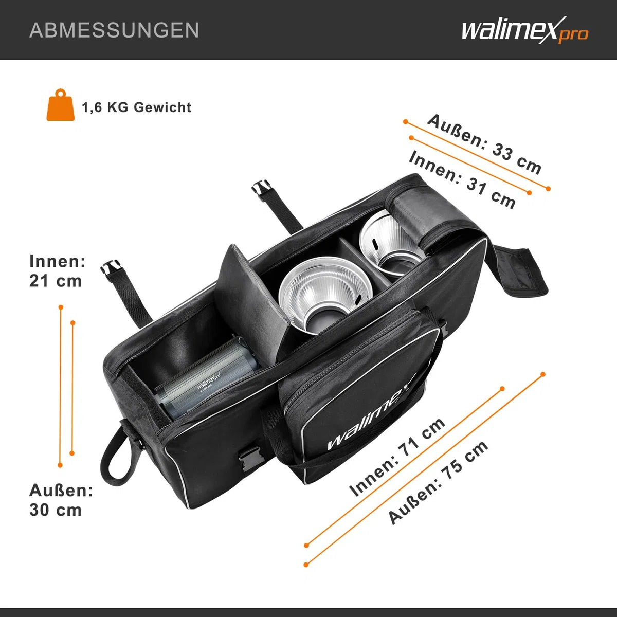 Walimex Pro Studiotasche XL – Schwarz – 750 x 300 x 330 mm – Fototasche für Studioblitz, Reflektoren, Stative und anderes Studiozubehör – Foto Equipment Kamerazubehör