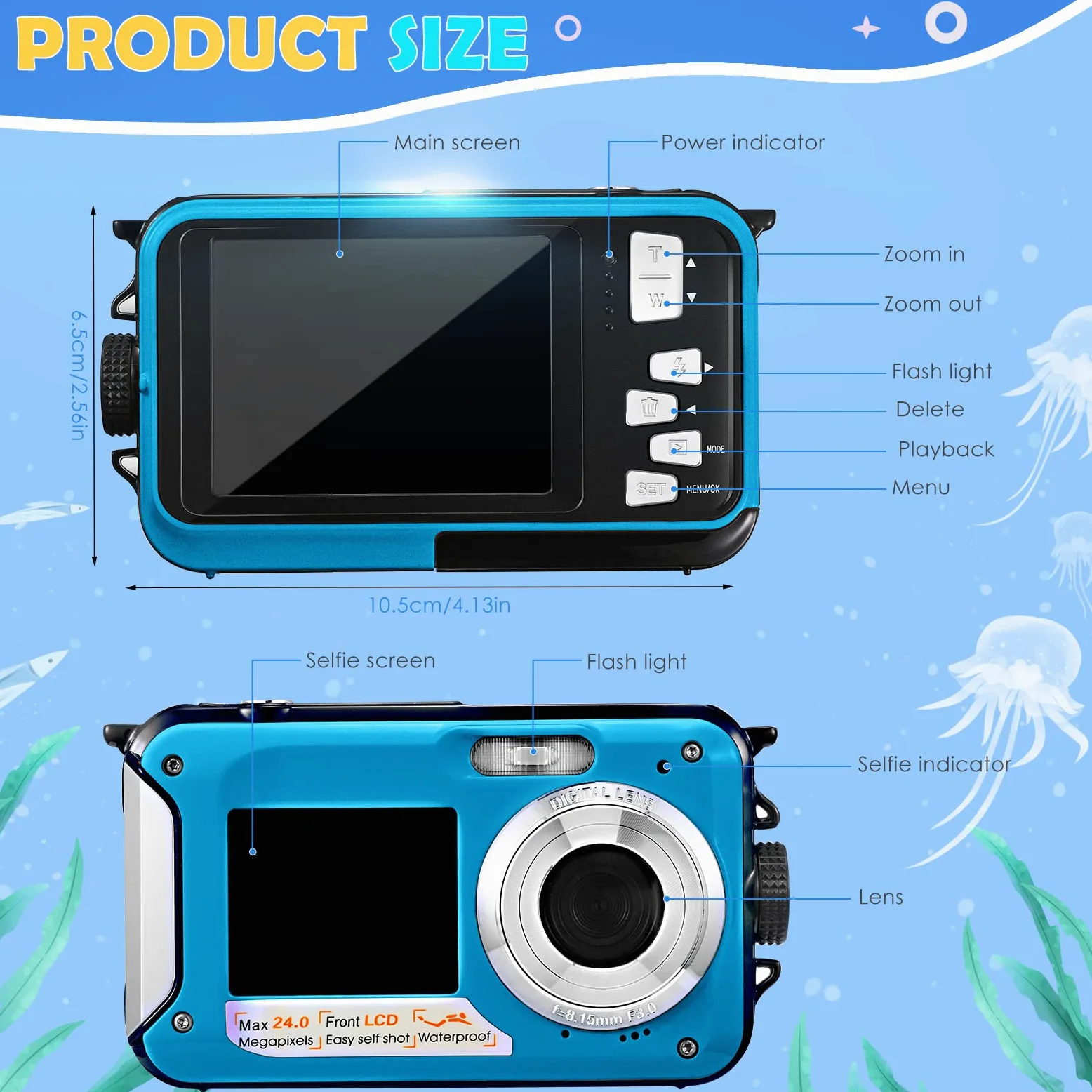 Unterwasserkamera, Full HD 2.7K 24MP wasserdichte Digitalkamera, 10FT wasserdichte Kompaktkamera,16X Digitalzoom Autofocus, Anti-Shake Digitalkamera für Kinder Teenager Anfänger
