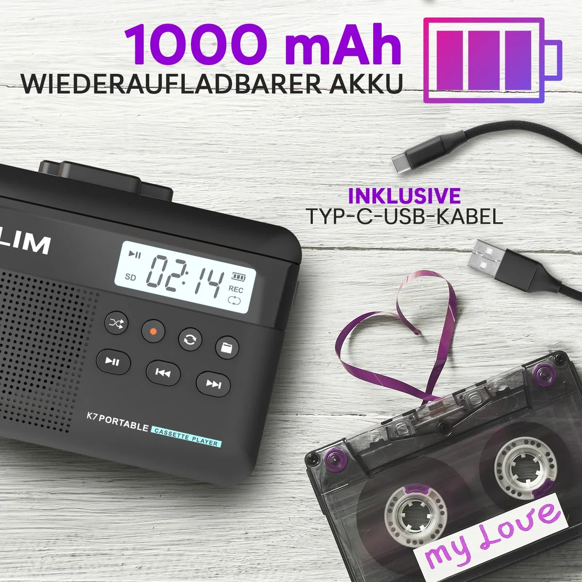 KLIM K7 Kassettenspieler, Kassettenrecorder & MP3 Konverter, Tragbare Kassettenspieler mit integriertem Mikrofon & Lautsprecher, Wiederaufladbar über USB – Inkl. Ohrhörer – 32 GB SD-Karte - Schwarz