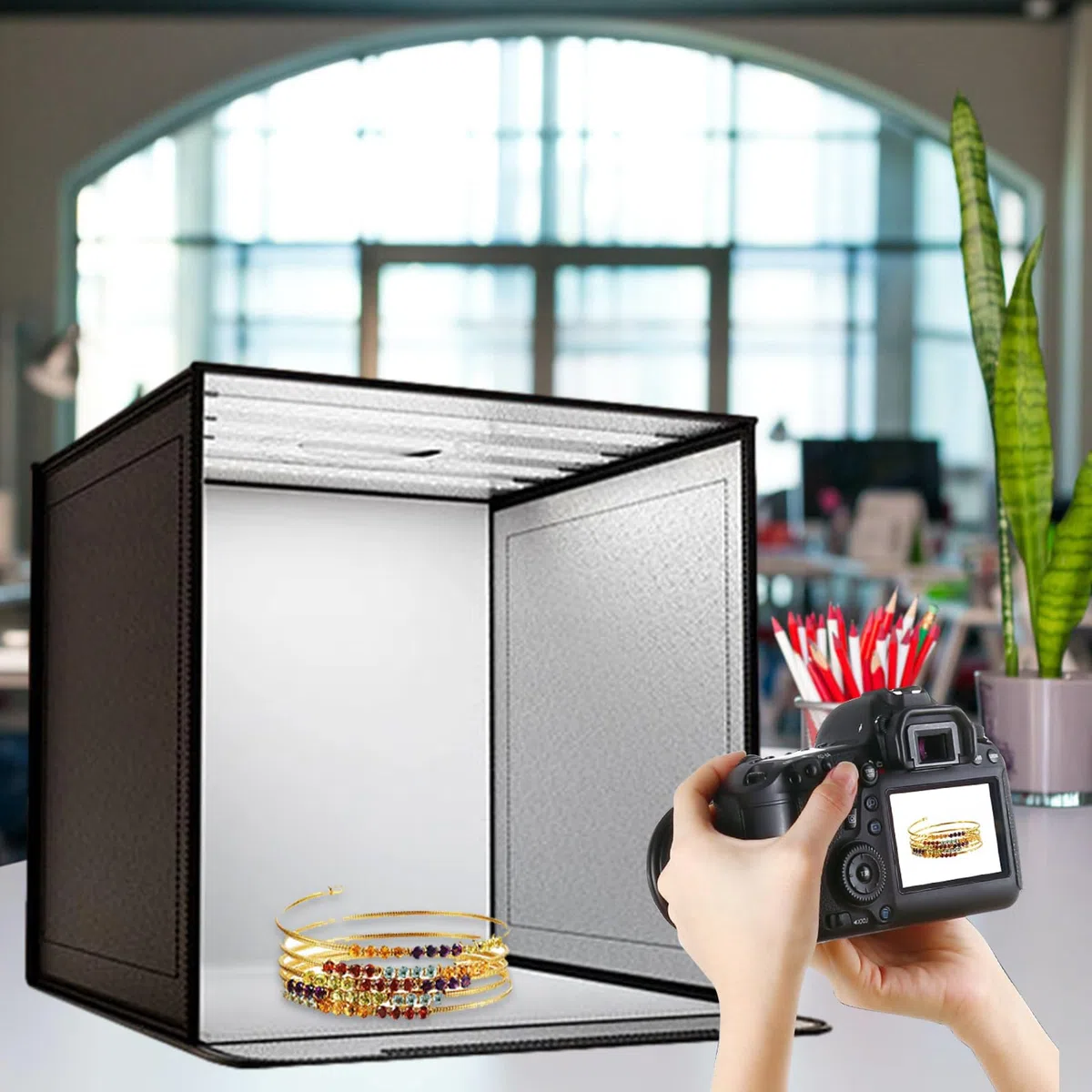Fotostudio-Box, Fotobox für Fotografie, faltbar, mit dimmbarem LED-Licht, Zubehör für Fotoshootings von 44 x 44 cm, für Schmuck, Accessoires, Make-up, handgefertigte Modelle