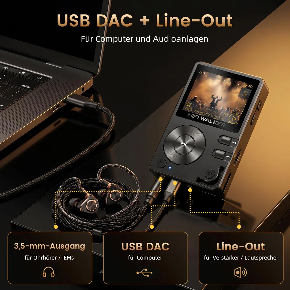 HiFi Walker H2 HiFi MP3 Player mit Bluetooth Verlustfreier DSD DAC Flac High Resolution Music Player Tragbarer Audio Player mit 64GB Speicherkarte Unterstützt bis zu 256GB