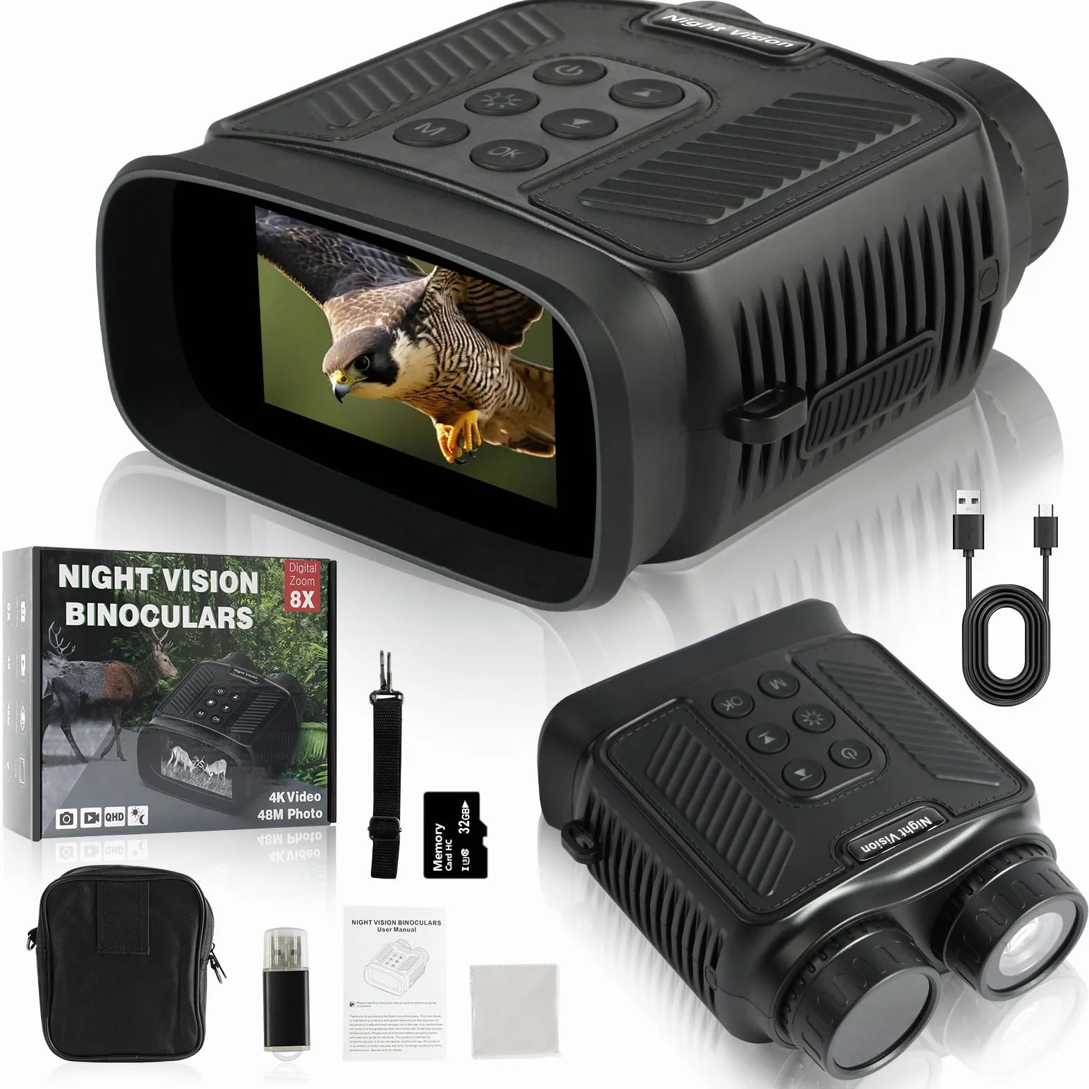 Vicloon Nachtsichtgerät 4K 5000mAh 3" 984ft 300M 8X Digitaler Zoom Infrarot Nachtsicht Fernglas 7 Stufen IR Jagd Camping 32GB