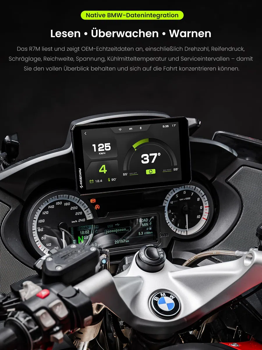 R7M 7" Wireless CarPlay & Android Auto für BMW Motorräder – Native Wonder Wheel- und Actionkamera-Steuerung | Echtzeit-Datenauslesung (TPMS/RPM) | OTA-Updates | 1200-Nit IP69K GPS | NAV Prep