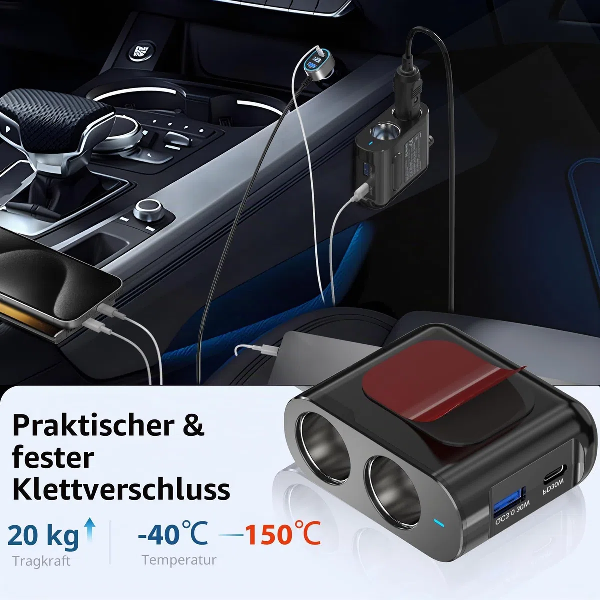 PD65W KFZ Verteiler auf Laptop: 200W Auto Zigarettenanzünder Adapter 12V Dual USB C Ladegerät 2 Mehrfach Steckdose 12 Volt DC Stecker Splitter mit LED Voltmeter für iPhone Sitzheizung GPS Kamera Navi