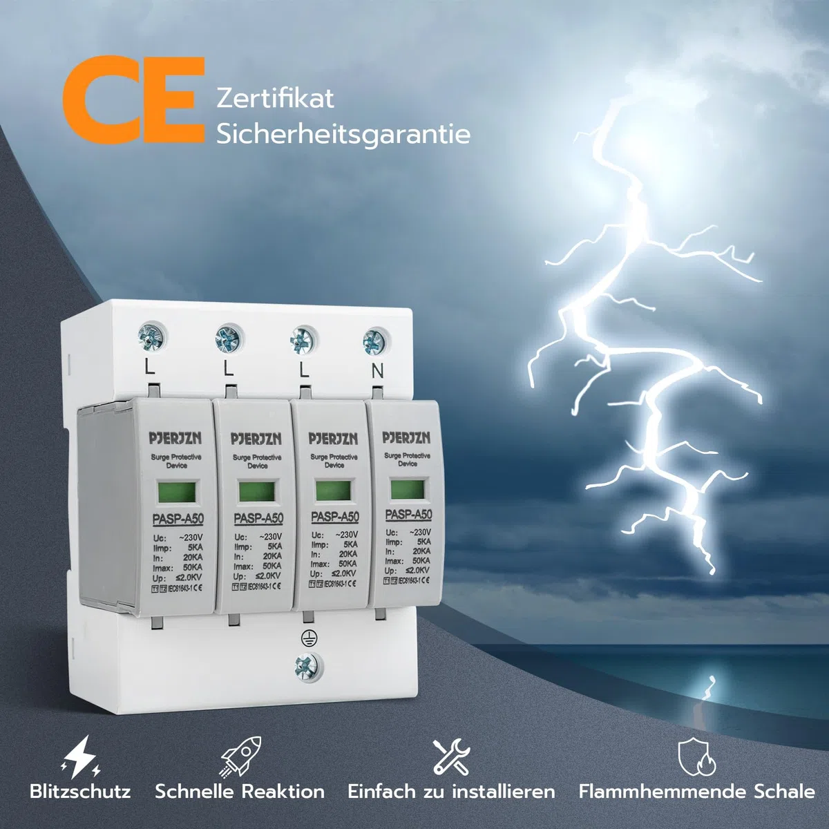 Überspannungsschutz & Überspannungsableiter 230V/275V Typ 1+2 (20-50kA 4P) – Blitzschutz für Haushalt, Solaranlagen und Industrie (4P 230V)