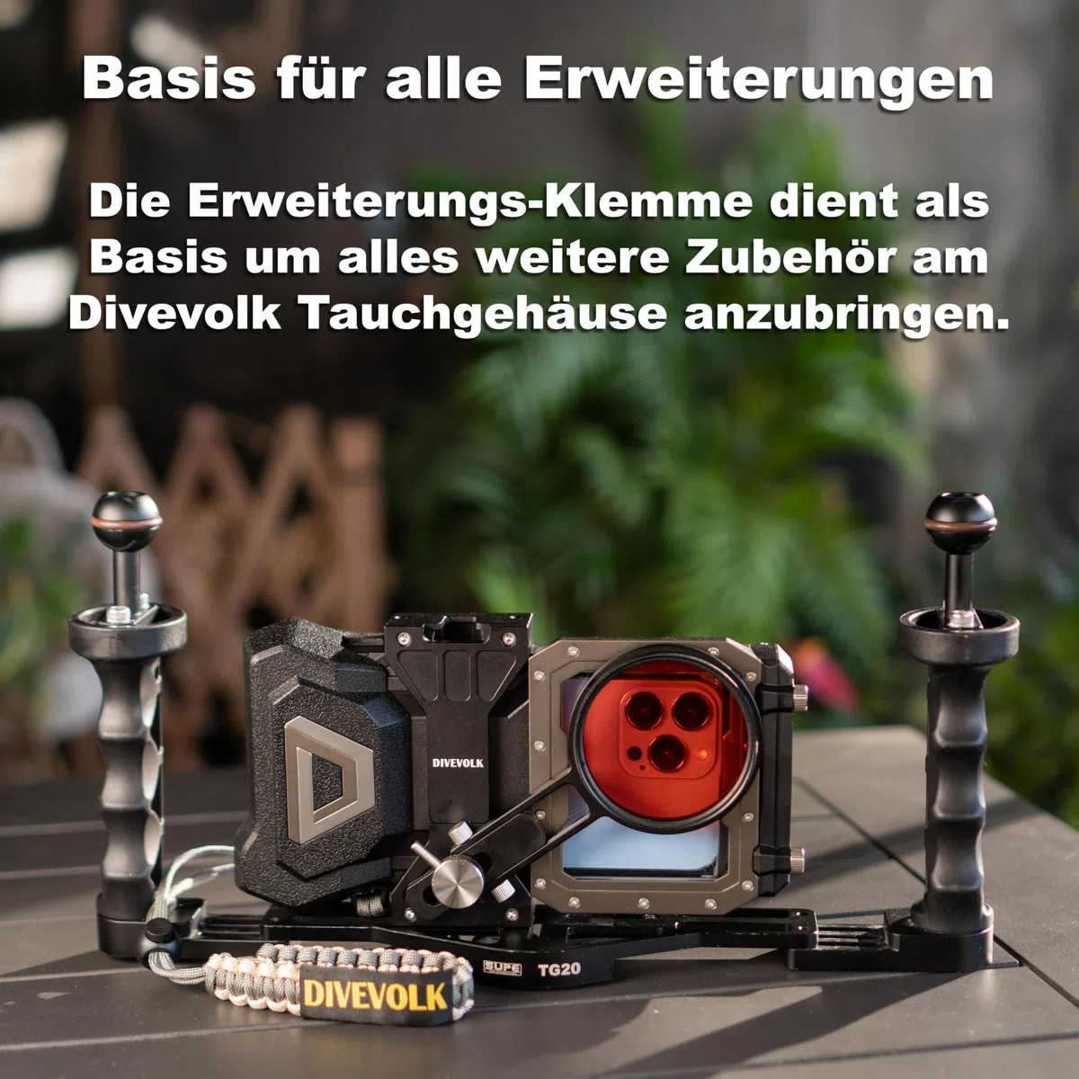 DIVEVOLK Erweiterungsklemme für Sea Touch 4 Unterwassergehäuse mit rotem Filter und Umwandlungsring