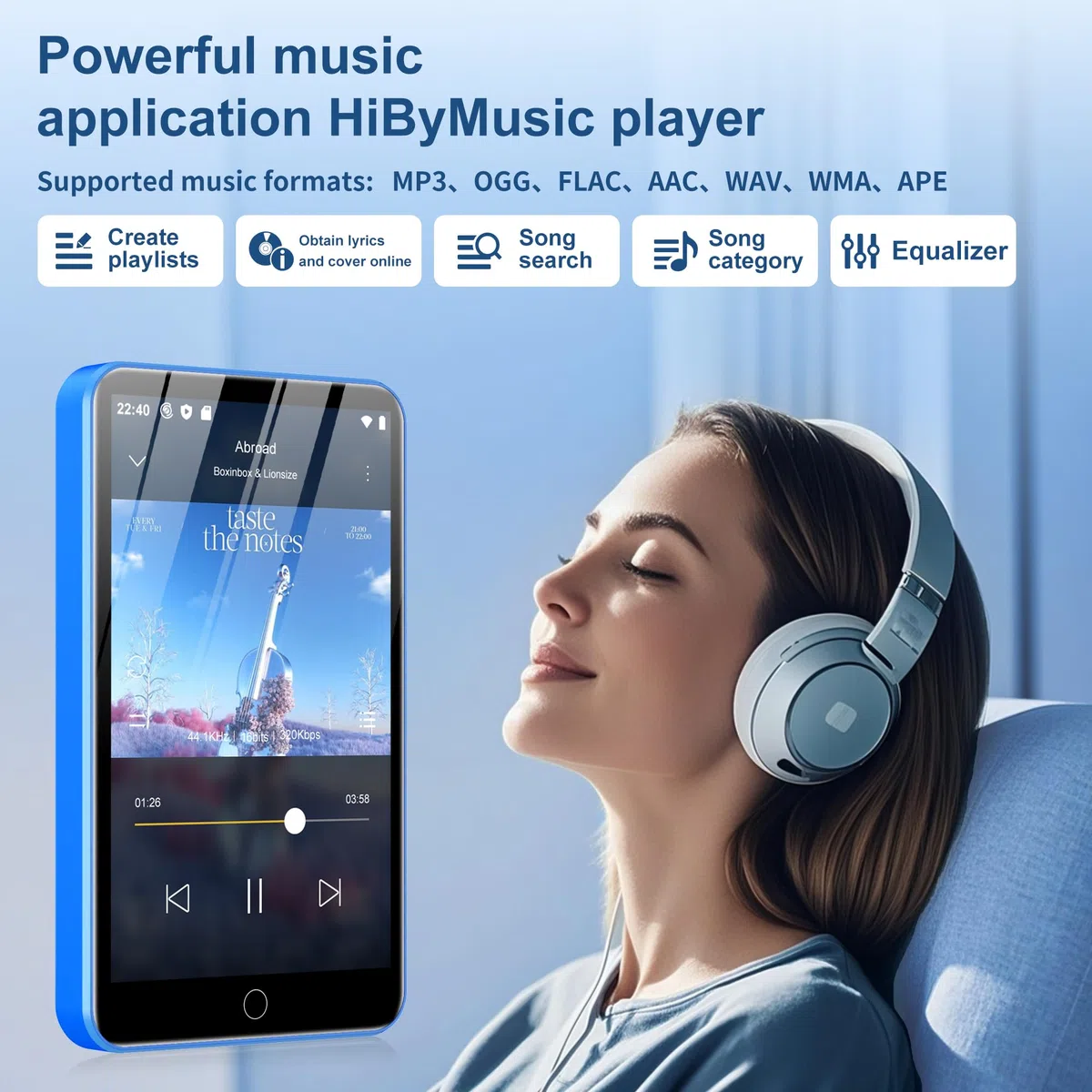 80GB MP3 Player mit Bluetooth und Wi-Fi, Android MP3-Player Spotify, Amazon Music, Audible, 4-Zoll-Touchscreen MP4 Player, Diofox Streaming Musikplayer mit Play Store, FM-Radio, Deezer - Blau