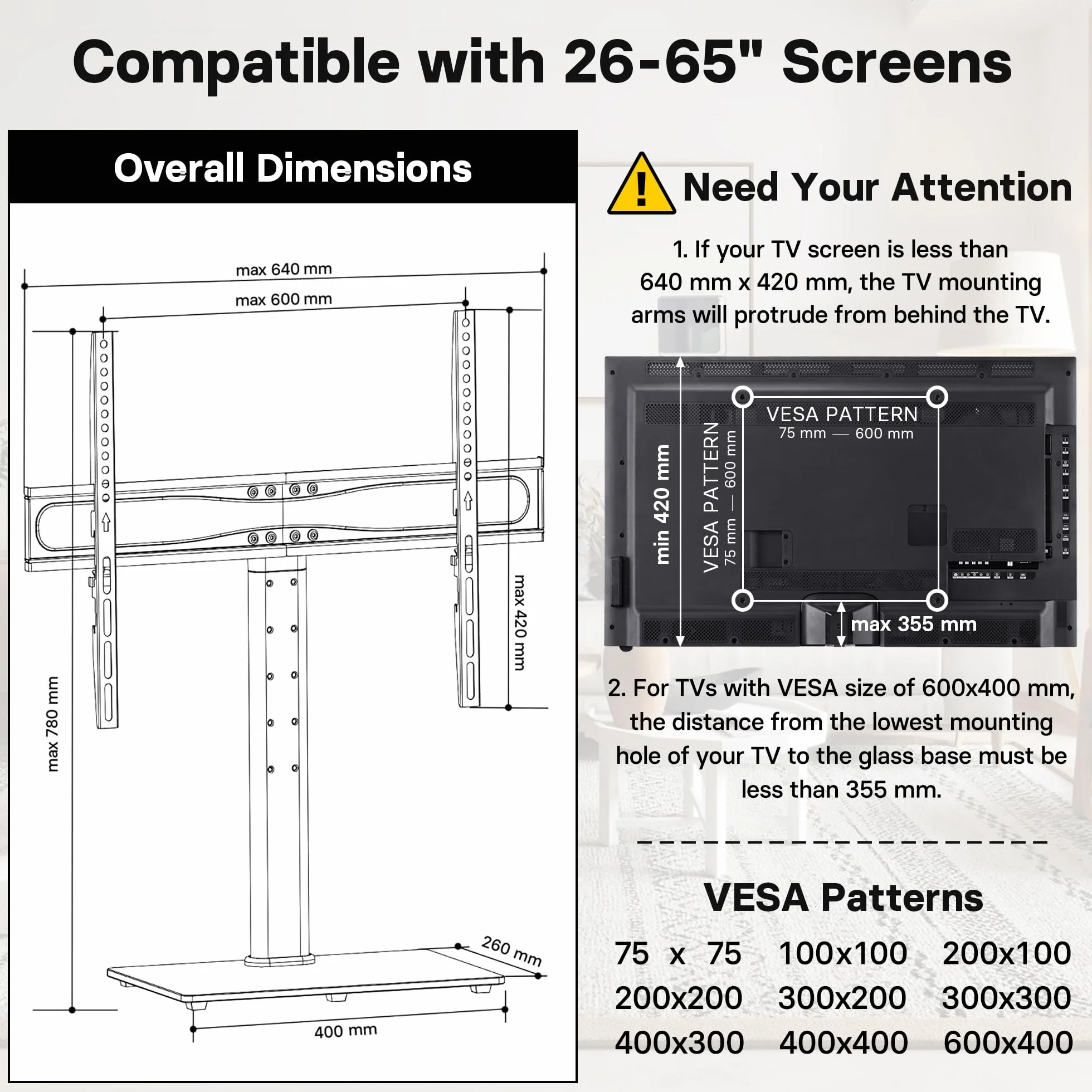 BONTEC TV Standfuss für 26-65 Zoll Fernseher, Höhenverstellbar bis 45kg, Max. VESA 600x400mm, Stabil und Universal, für LCD, LED, OLED, Plasma, Flach & Curved