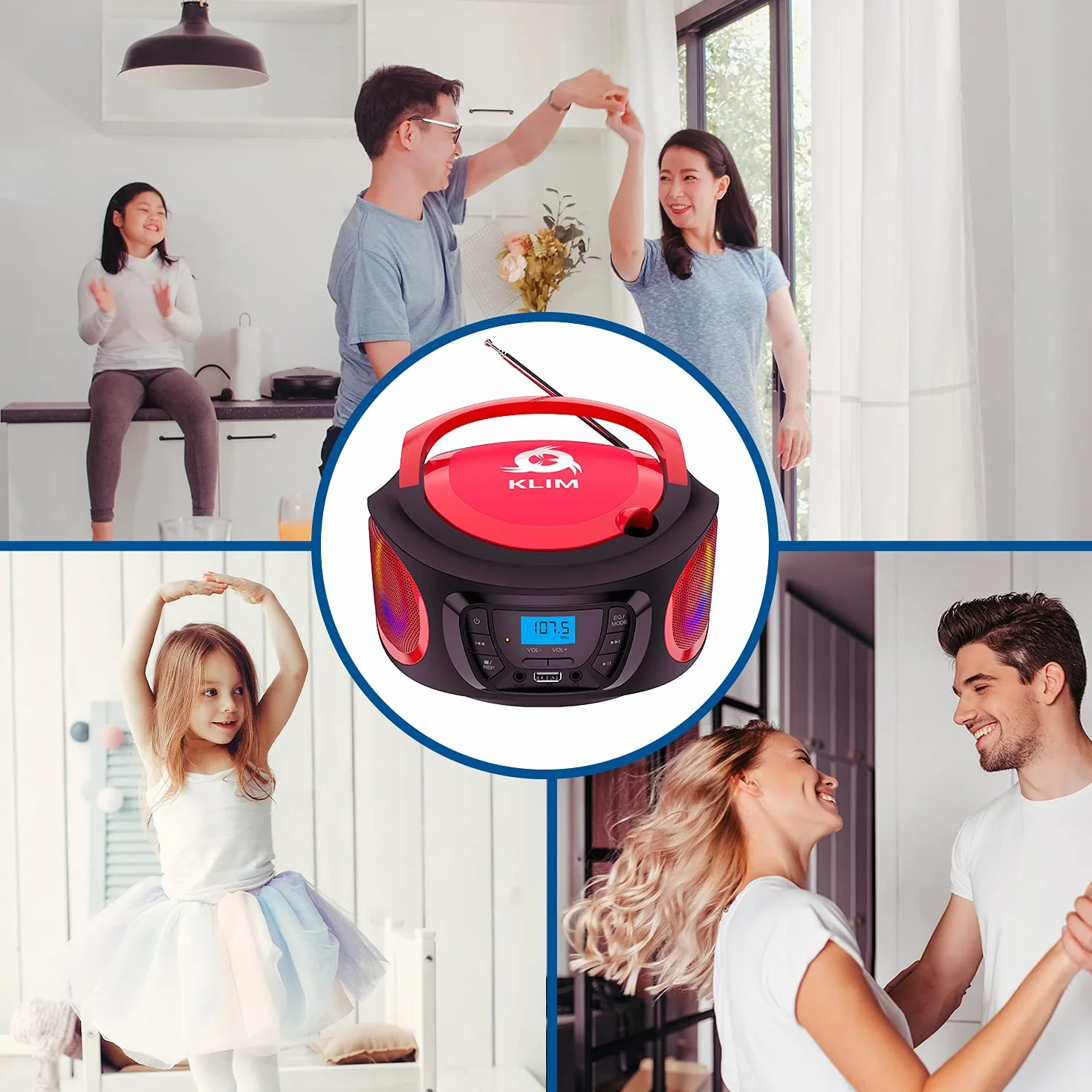 KLIM Boombox Radio mit CD Player - NEU - FM-Radio, CD Player, Bluetooth, MP3, USB, AUX - Inklusive wiederaufladbaren Akkus - Kabelgebundene und kabellose Modi - Kompakt und robust (Rot)