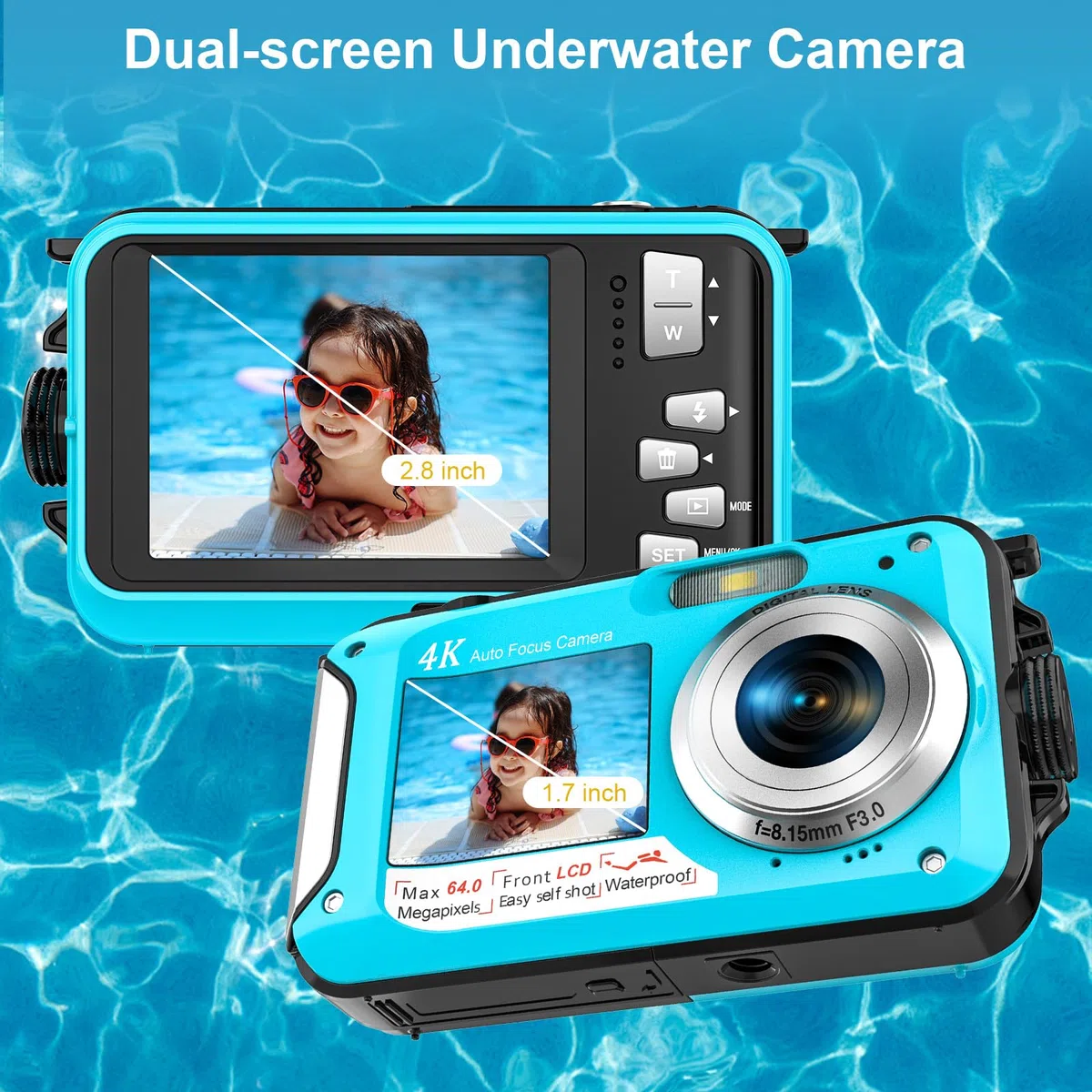 Digitalkamera, Yixinxin 4K Unterwasserkamera, 64MP Autofokus 16FT Digitalkamera wasserdichte mit 32GB Karte, Dual-Screen Selfie 1250mAh Batterie, 16X schwimmfähig Digital für Schnorcheln