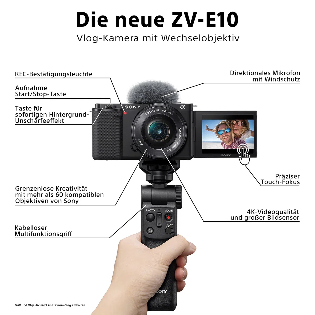 Sony ZV-E10 Systemkamera mit 16–50mm Objektiv (APS-C) – 4K-Video, schwenkbares Display, Echtzeit-Augen-Autofokus, leicht & ideal für Vlogger & Einsteiger