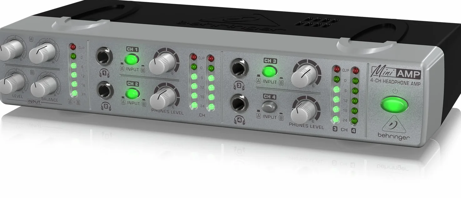Behringer AMP800 V2 4-Kanal-Stereo-Kopfhörerverstärker, ultrakompakter Kopfhörer-Verteilerverstärker mit 8 Ausgängen, zwei Stereo-Eingängen und LED-Pegelanzeige für Studio-Monitoring