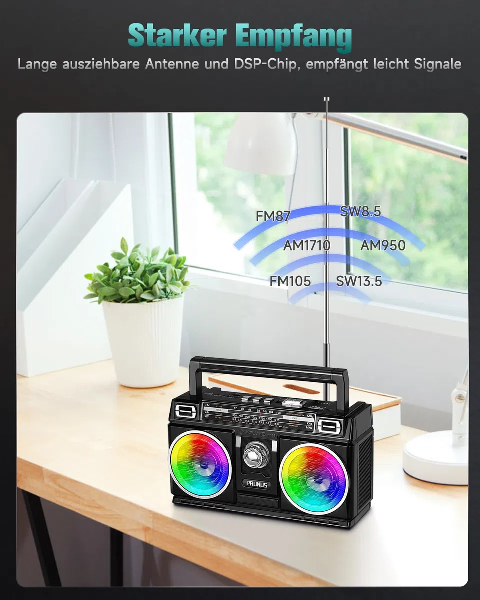 PRUNUS J-750 Retro Radio FM/AM/SW Transistorradio, Tragbares Radio mit 1800mAh Akku, Solar/USB-C Aufladbar, Buntes Licht, Nostalgie Radio mit Bluetooth Unterstützt USB/TF-Karte Spielen.