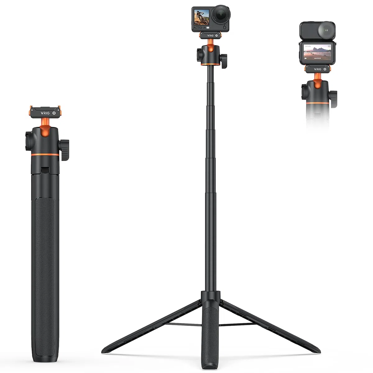 VRIG 140 cm Action Kamera Selfie Stick Stativ für DJI Osmo Nano/Action 6, Zweiwege-Magnetanziehung Schnellwechselhalterung, Ausziehbare Stange, Länge 33 bis 140 Zentimeter, AC-71